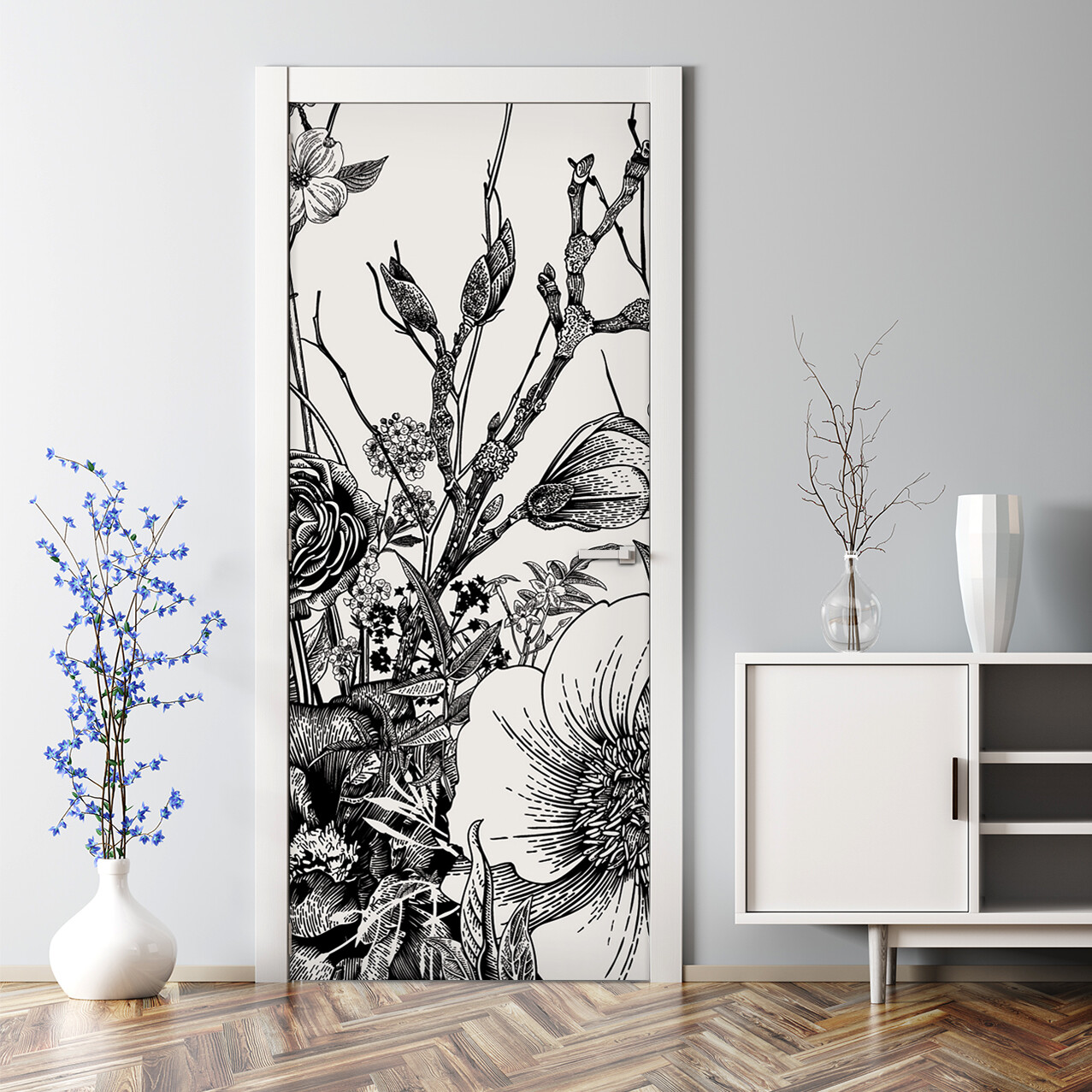 Black Meadow design black sketch nature print white fashion repeat Door Decal