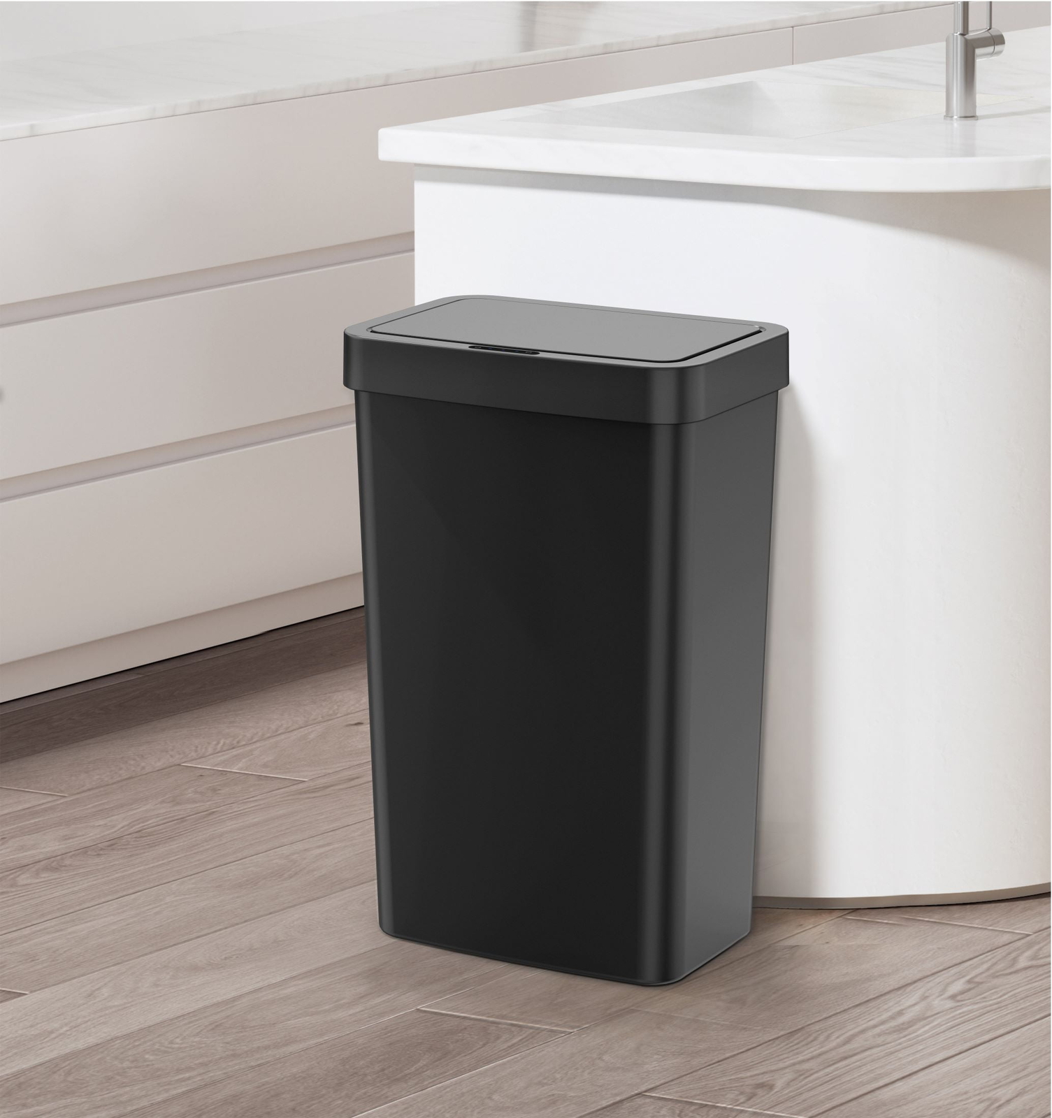 13.2 Gallon Black Plastic Kitchen Sensor Trash Can with Modern Design