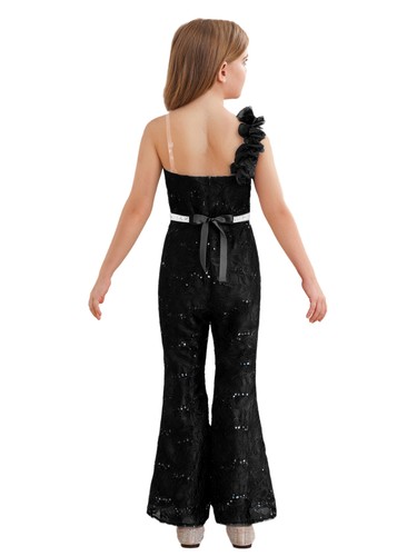 Girls One Shoulder Jumpsuit Sequin Sleeveless Flare Leg Long Romper High Waist - Picture 24 of 74