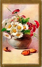 Vtg Linen John Wisnch - Daisies in Pot - Embossed - Gilded - Unused