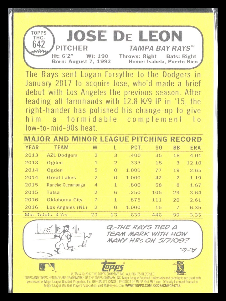 Jose De Leon 2017 Topps Heritage #642a Purple Refractor  RC Rookie - Image 2 of 2