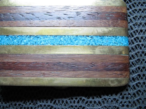 ABSTRACT EXOTIC WOOD TURQUOISE BRASS HIPPIE BELT BUCKLE! VINTAGE! RARE! HANDMADE - Picture 5 of 9