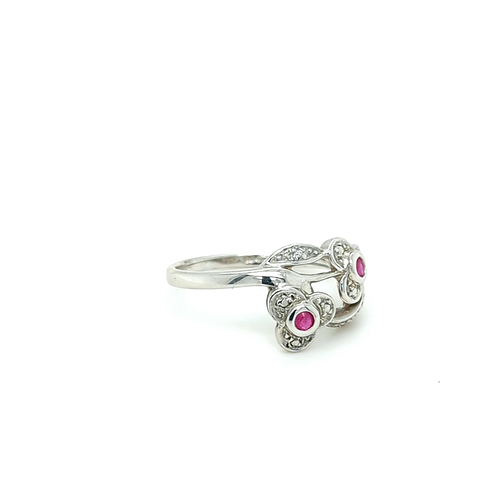 Sterling Silver 925 Natural Ruby & Diamond Flower Petal Twist Ring Size M - Video 1 of 1