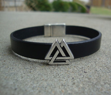 Pulseras planas de cuero negras para hombre con cuentas de plata antigua Valknut EE. UU.