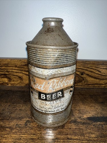 Rare 1950s Red Ribbon Cone Top Beer Can - Mathie Ruder Brewing Co Wausau Wis