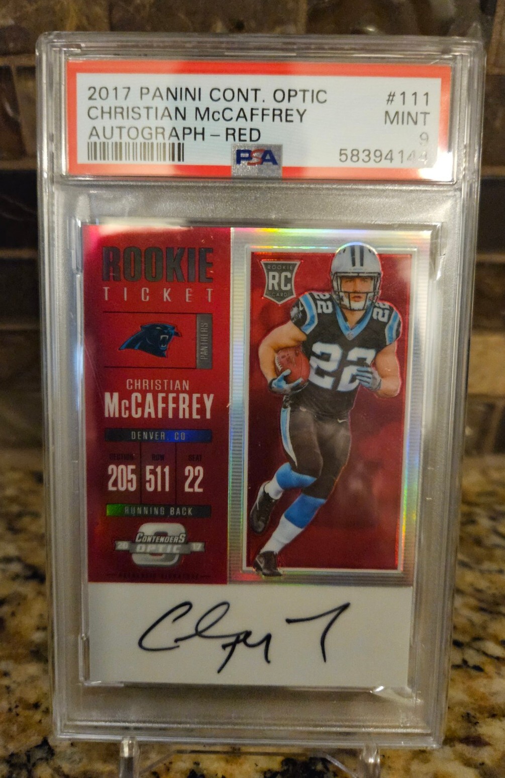Christian McCaffrey San Francisco 49ers #/75 PSA 9 2017 Rookie Ticket Auto Contenders Red Optic Mint 