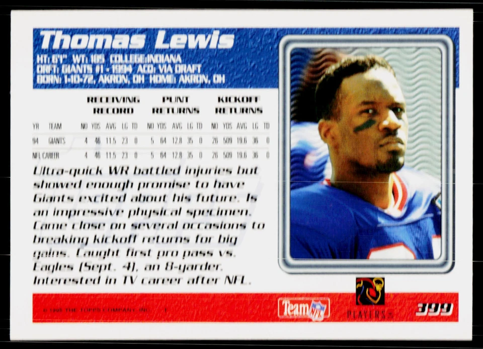 Thomas Lewis, 1995 Topps, #399, New York Giants, - Image 2 of 2