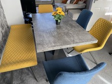 Dining Table - 4 Chairs & Low Bench Dining Set - Grey Table, Yellow & Blue Seats