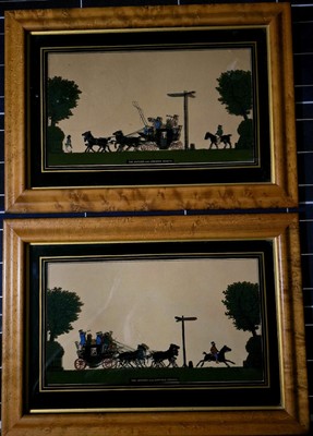 Pair Antique EGLOMISE Reverse on Glass The London and Oxford Coach/Return Coach