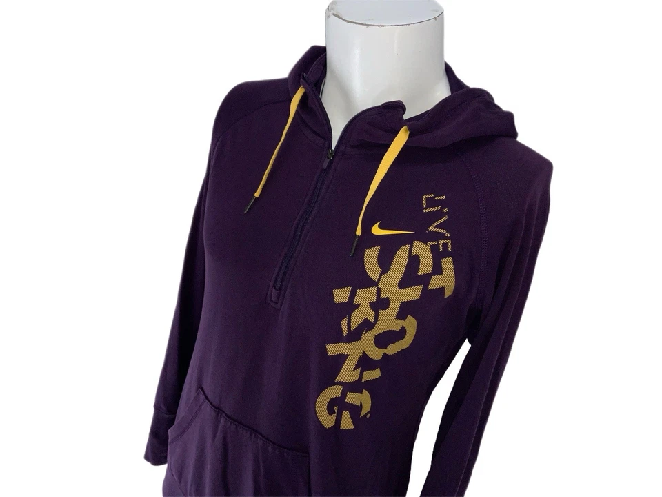 Sudadera con capucha Nike Livestrong 1/4 cremallera para mujer L púrpura amarillo Dri-Fit YGI V5- Foto 3 de 4