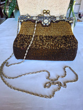 Vintage Beaded Kiss Lock Evening Bag Clutch w/ Chain Strap Brown Gold Women's