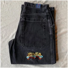 Vintage 90’s JNCO Jeans Pants 36 X 30 Black VTG Grafiti Logo Embroidered Baggy