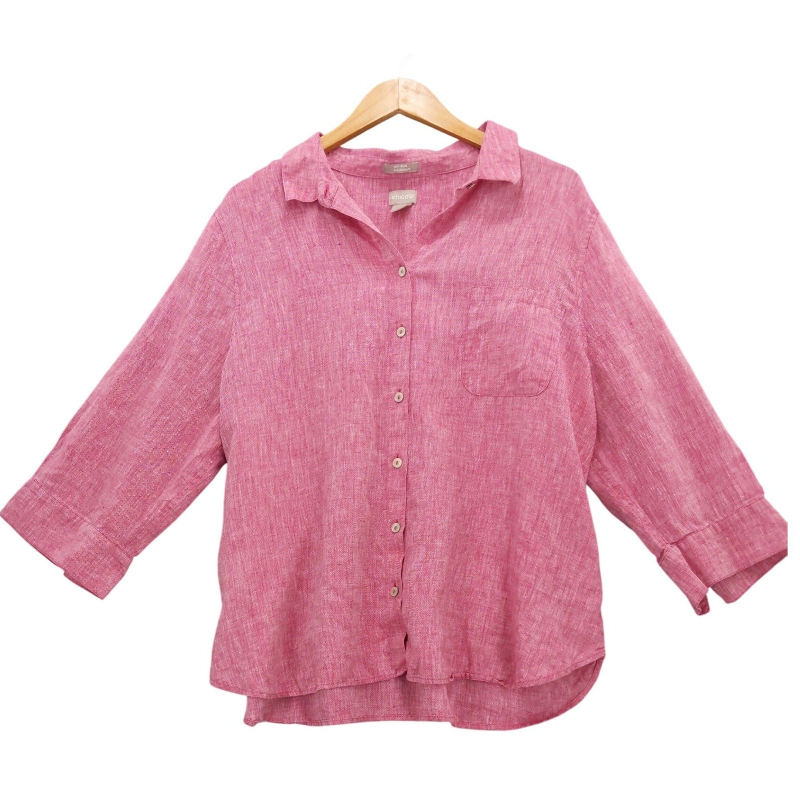 Chicos No Iron FreshChic Pink 100% Linen Button Down Shirt 3/4 Sleeve Size 4 2XL