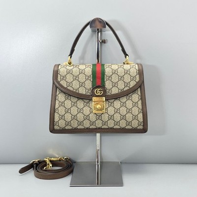 Gucci Luxury Bag Ophidia Medium GG Supreme Ebony Canvas Top Handle Bag & Strap