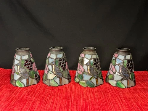 4 Vintage Stained Glass Lamp Shades w/ BlueJay Bird & Grape Bunch  2 1/4" Fitter