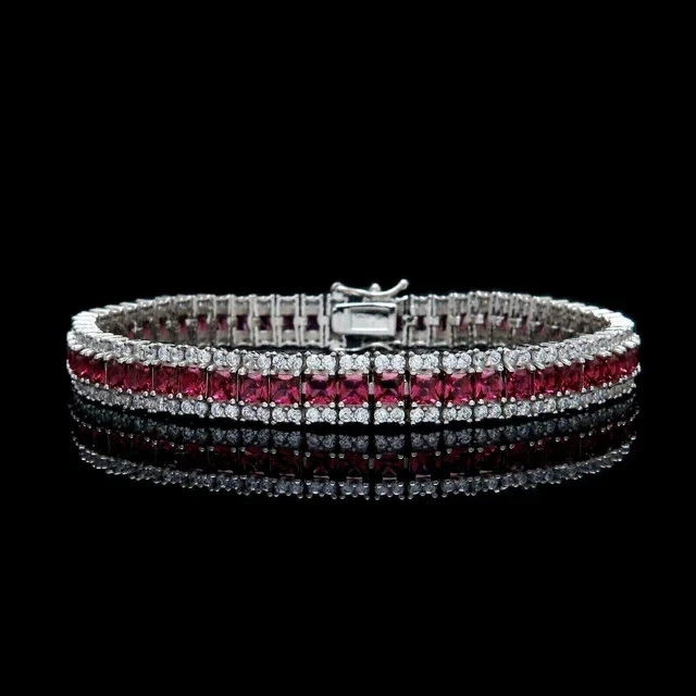 20 Ct Princess Lab Created Red Ruby Men's Tennis Bracelet 14K White Gold Plated - Image 2 of 4
