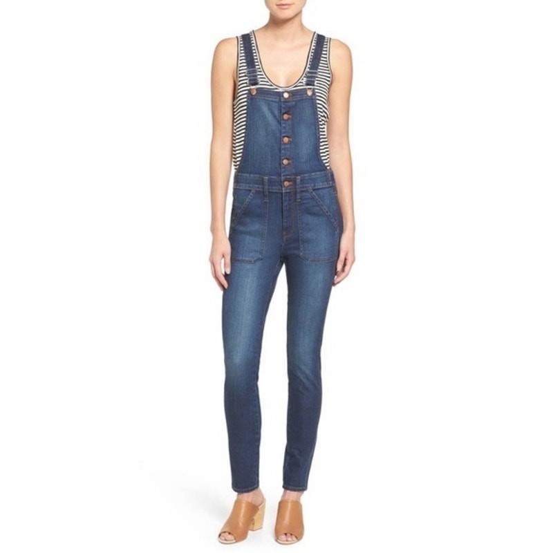 Madewell Slim Fit Blue Denim Button Front Overalls, Size S