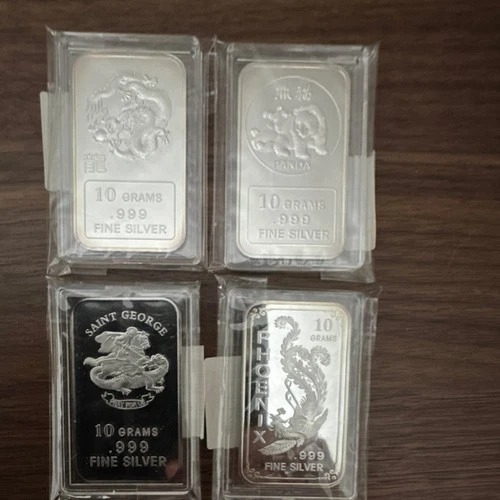 Lot of 4 10g .999 Fine Silver Bars Dragon Panda Phoenix Saint George
