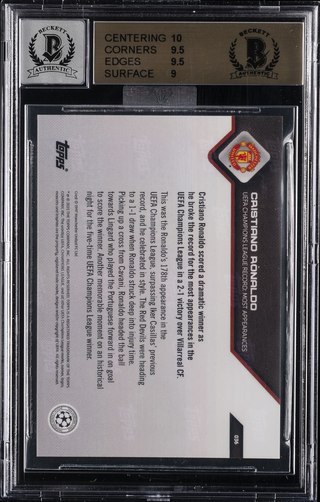 2021-22 TOPPS NOW UCL BECKETT WITNESSED AUTO 10 #036 CRISTIANO RONALDO BGS 9.5 view 2