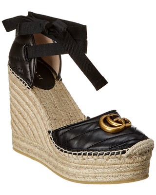 Gucci Gg Leather Platform Wedge Espadrille Women's Black 41