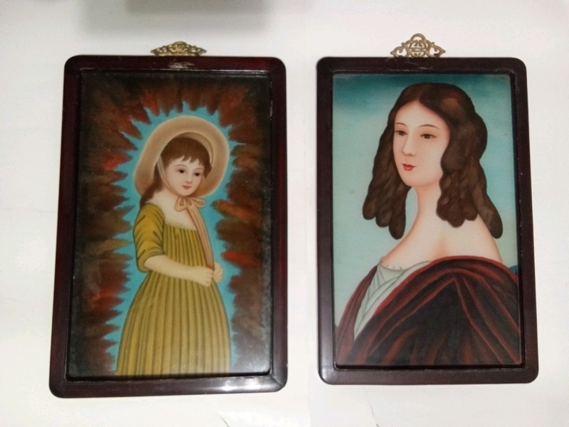 Antique Western Style Chinese Reverse Glass Paintings (Girl and Woman)