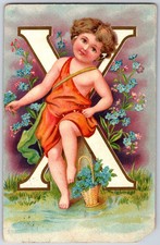 Child with Orange Dress Blue Flowers Vintage ...