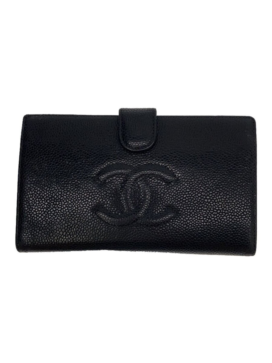 CHANEL Long Wallet Coco Mark Caviar Leather Kiss Lock Coin Purse Black Pre-Loved