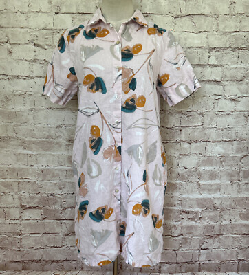 Rachel Zoe Linen Floral Mini Shirt Dress PINK Women SMALL Short Sleeve Pockets