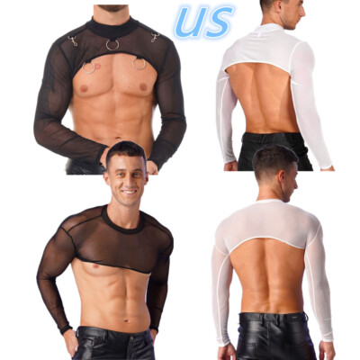 Mens Sexy Mesh T-shirts Half Crop Top See Through Muscle Party Clubwear