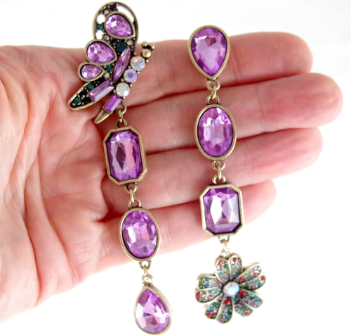 3.75" BETSEY JOHNSON ASYMMETRICAL CRYSTAL BUTTERFLY FLOWER DROP DANGLE EARRINGS - Picture 2 of 19