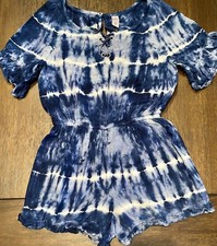 Justice Tie Dye Navy Blue  White Girls Shorts Romper Ruffles Lace Up Size 12