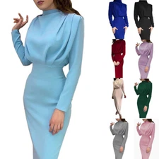 Women Long Sleeve Solid Bodycon Midi Dress Ladies Evening Cocktail Party Dress