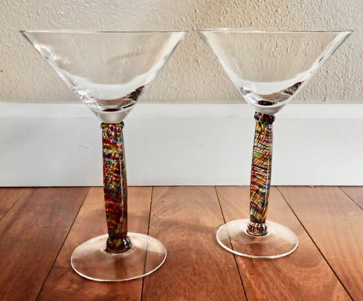 Gorgeous Pair of large Martini Glasses - Multicolor Stem