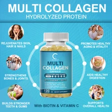 Multi Collagen Peptides-60 Capsules-Type I,II,III,V,X Anti-Aging Collagen Caps