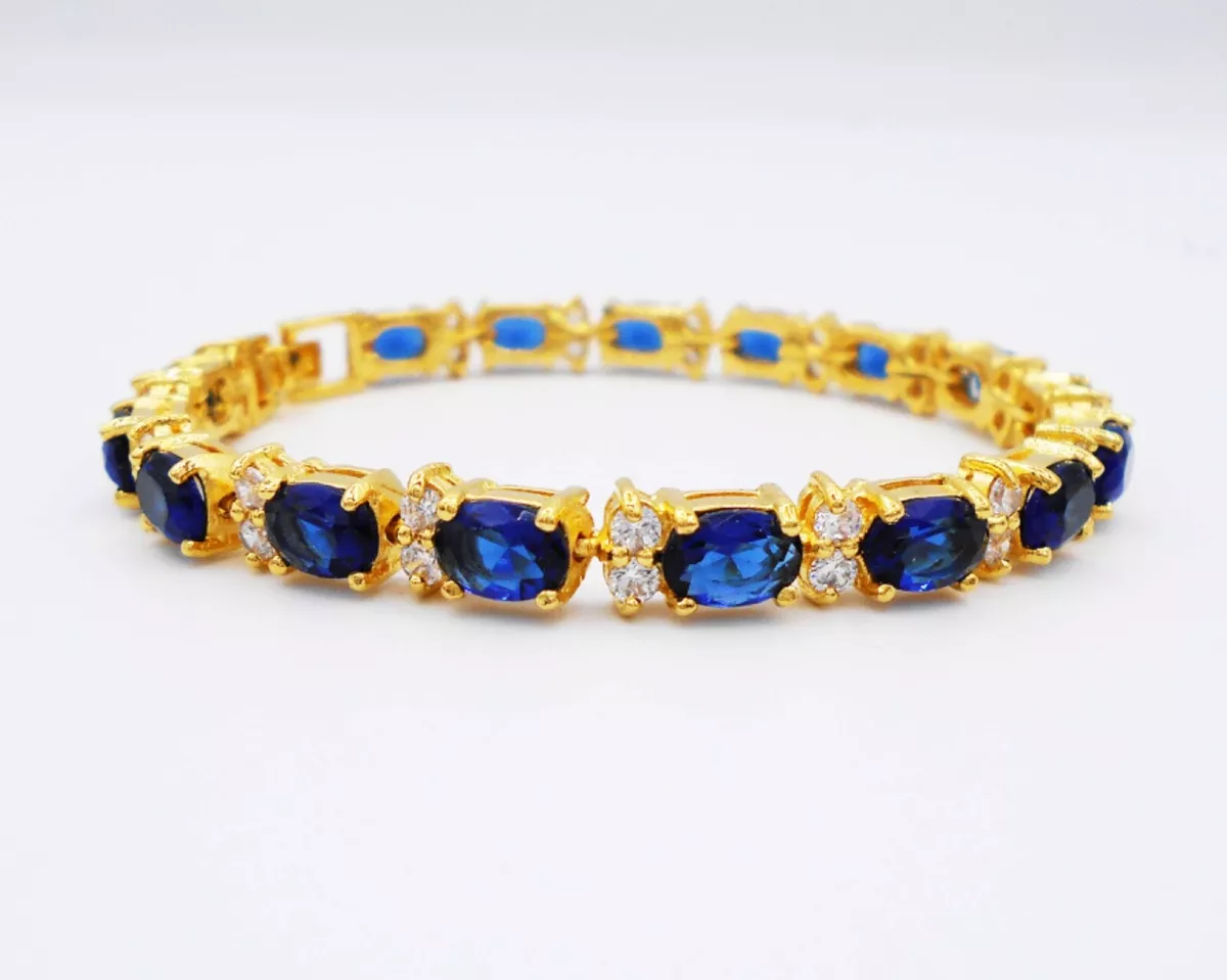 Blue sapphire Bracelet Bangle 22k 24k Thai Baht Yellow Gold Plated