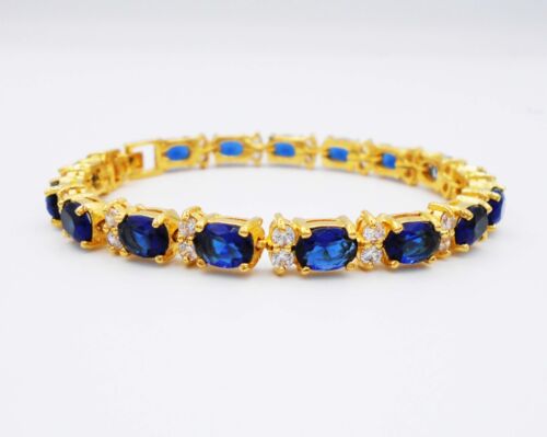 Blue sapphire Bracelet Bangle 22k 24k Thai Baht Yellow Gold Plated Jewelry Women - Picture 1 of 4