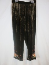 Johnny Was LA Dark Brown Floral Embroidery Velvet Pants Pockets Elastic Waist XS