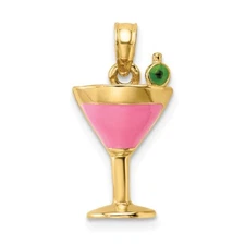 14k Yellow Gold Pink Enameled Cosmo Martini Olive Charm Pendant Gift for Her