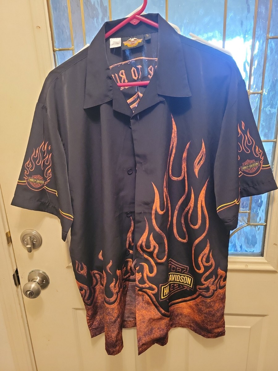 【oan】Flame Harley Short Sleeve T-shirt Vintage Harley Davidson Men's Short Sleeve Shirt Sz L Flames