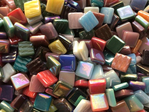 100 Tiles Iridized Glass Square Mosaic Tile Pieces - 12 mm x 4 mm - Mixed Colors - Picture 2 of 7