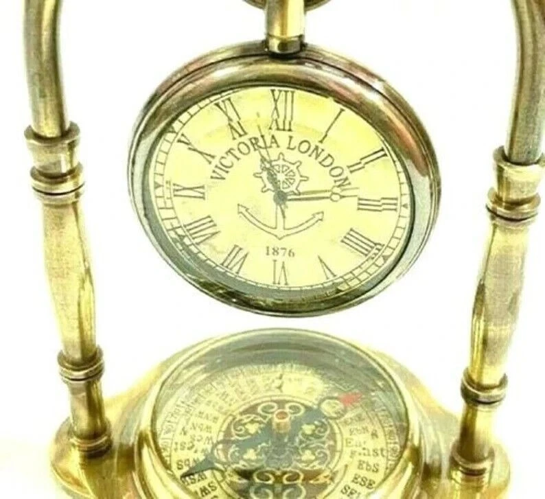 Reloj de mesa náutico base brújula marítima latón antiguo Hangi Foto 3 de 4
