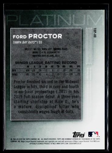 Ford Proctor 2020 Bowman Platinum Top Prospects Teal #TOP-80 SN Tampa Bay Rays - Picture 2 of 2