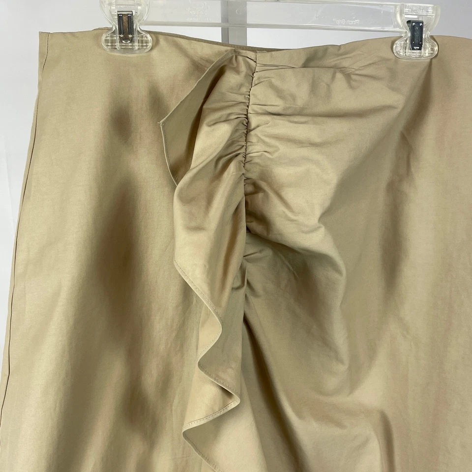 Saia midi frontal com babado halogênio tamanho 16 bronzeado sólido zíper lateral mistura de algodão nova com etiquetas - Imagem 2 de 4