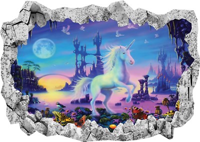 Unicorn Castle Fantasy Fairy Horse 3d Smashed Wall View Sticker Poster ...