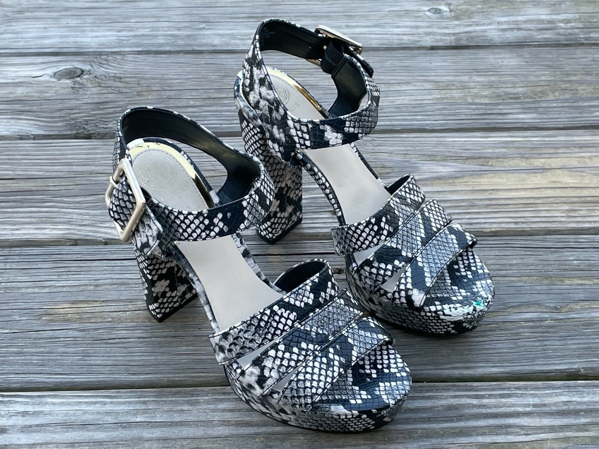 Women Snakeskin Chunky Heel Platform Ankle Strap Sandals Open Toe Pumps  Size