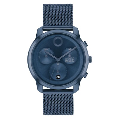 MOVADO BOLD 3601027 BLUE CHRONO DIAL MESH STAINLESS BRACELET 42mm MENS WATCH