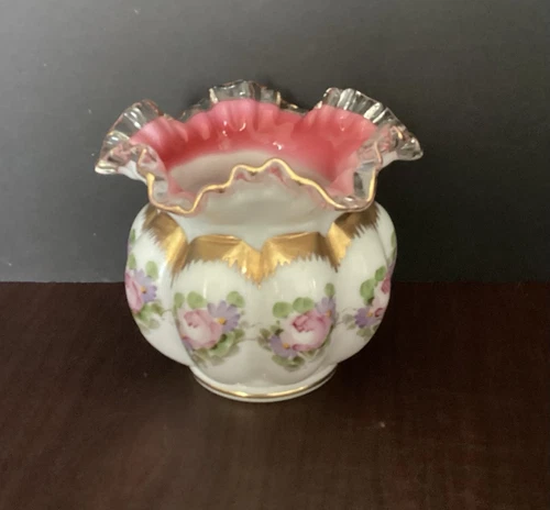 Fenton Charleton Rose Vase Hand Painted Peach Blow Silver Crest Gold Trim 6"