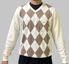 Tommy Hilfiger Men  s V-neck knit sweater Plaid in cream/0live green Size L