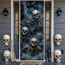Halloween Door Cover Scary Skeleton Door Cover with Skull and Creepy Smoke De...