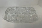 VTG Anchor Hocking Clear Prescut Glass Star of David Butter Dish with Lid 7" L